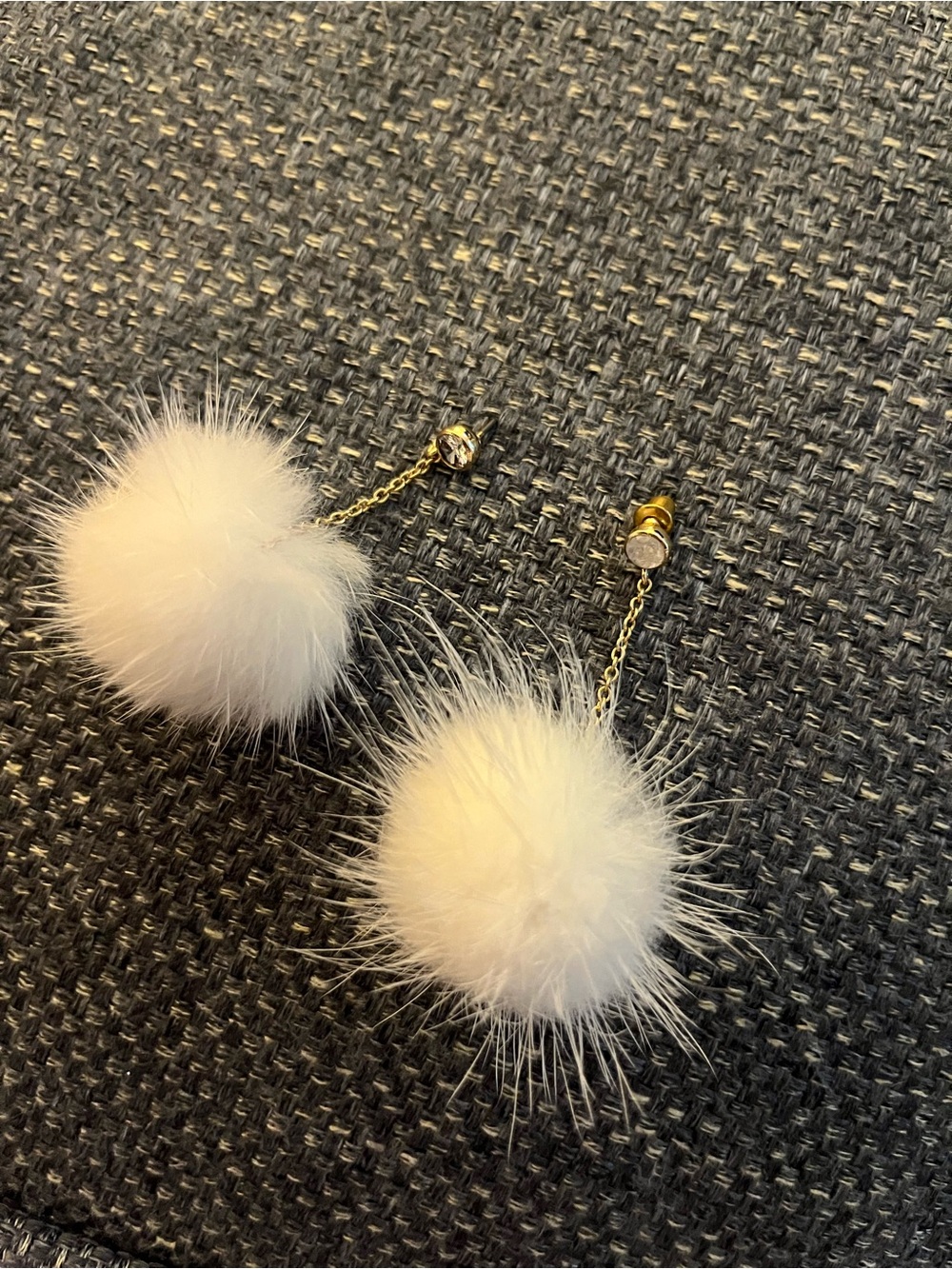 White Pom Pom Drop Earrings with Gold Chain